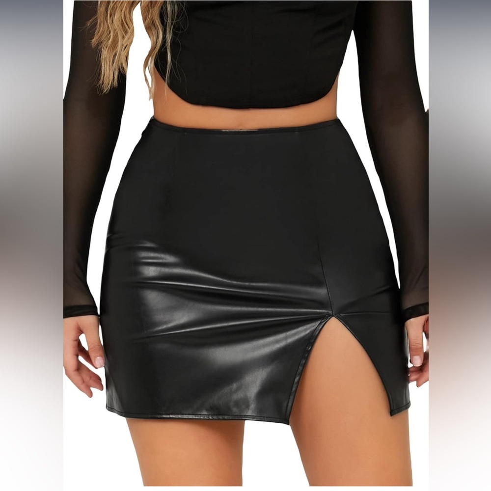 MakeMeChic Women's Faux PU Leather High Waist Split Mini Bodycon Pencil Skirt